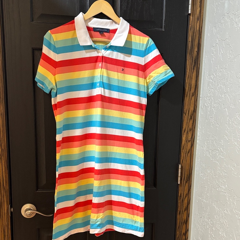 Tommy Hilfiger Rainbow Striped Polo Dress in Red, Yellow, Blue, Aqua
